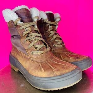 Merrell Haven Mid Brown Leather Faux Fur Collar Lace-Up Boots US 7